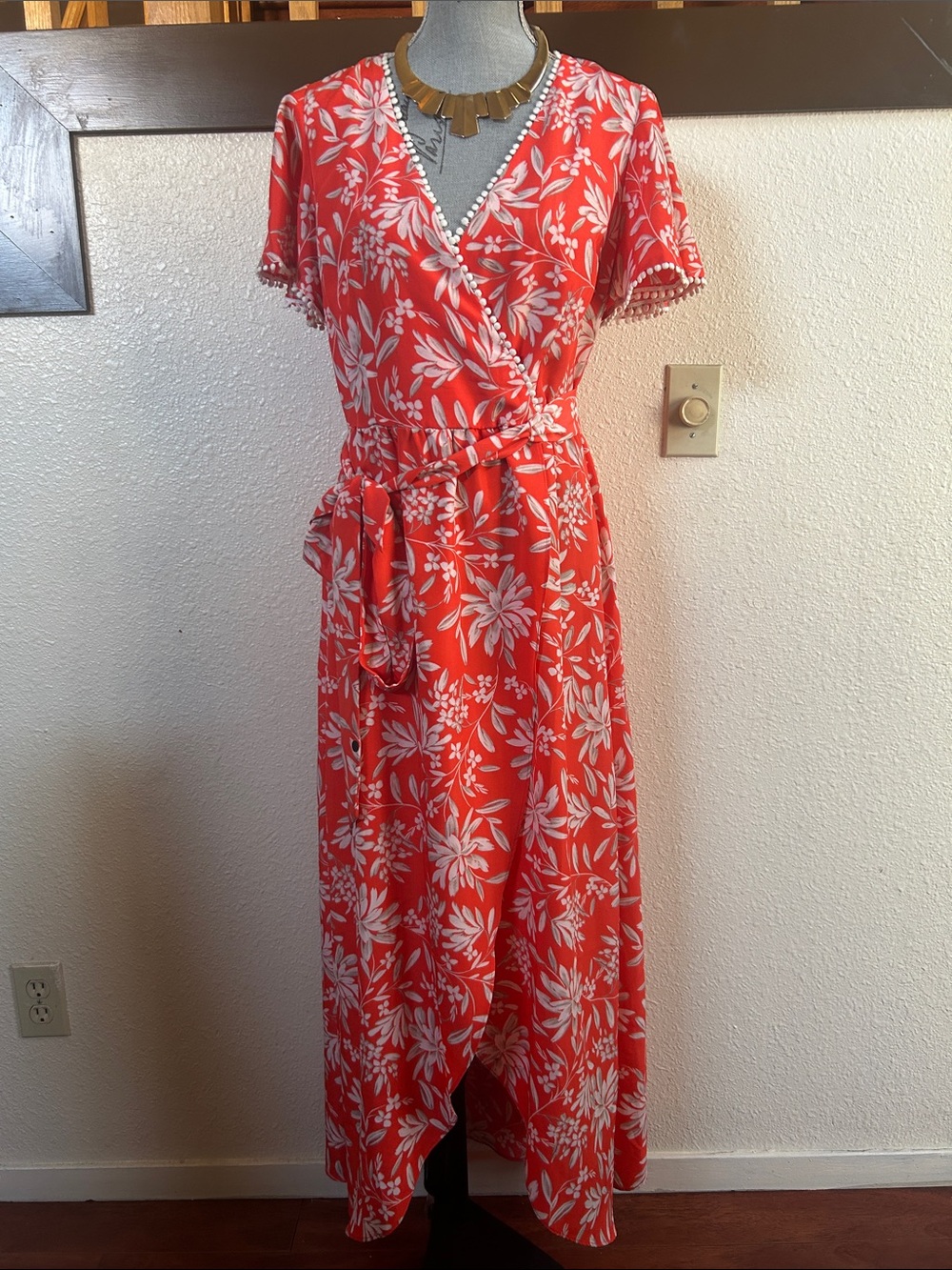 Vince Camuto Red & White Floral Wrap Maxi Dress